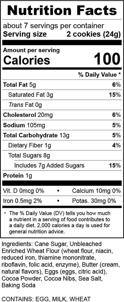 Nutrition Facts for Chocolate Cacao Nib Cookies box🍫 – Rich, Crunchy, & Full of Cocoa Love: 100 calories per 2 cookies. Made with premium cocoa. Contains egg, milk, wheat. Includes vitamins, minerals; ingredients listed on box.
