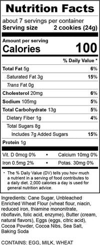Thumbnail for Nutrition Facts for Chocolate Cacao Nib Cookies box🍫 – Rich, Crunchy, & Full of Cocoa Love: 100 calories per 2 cookies. Made with premium cocoa. Contains egg, milk, wheat. Includes vitamins, minerals; ingredients listed on box.