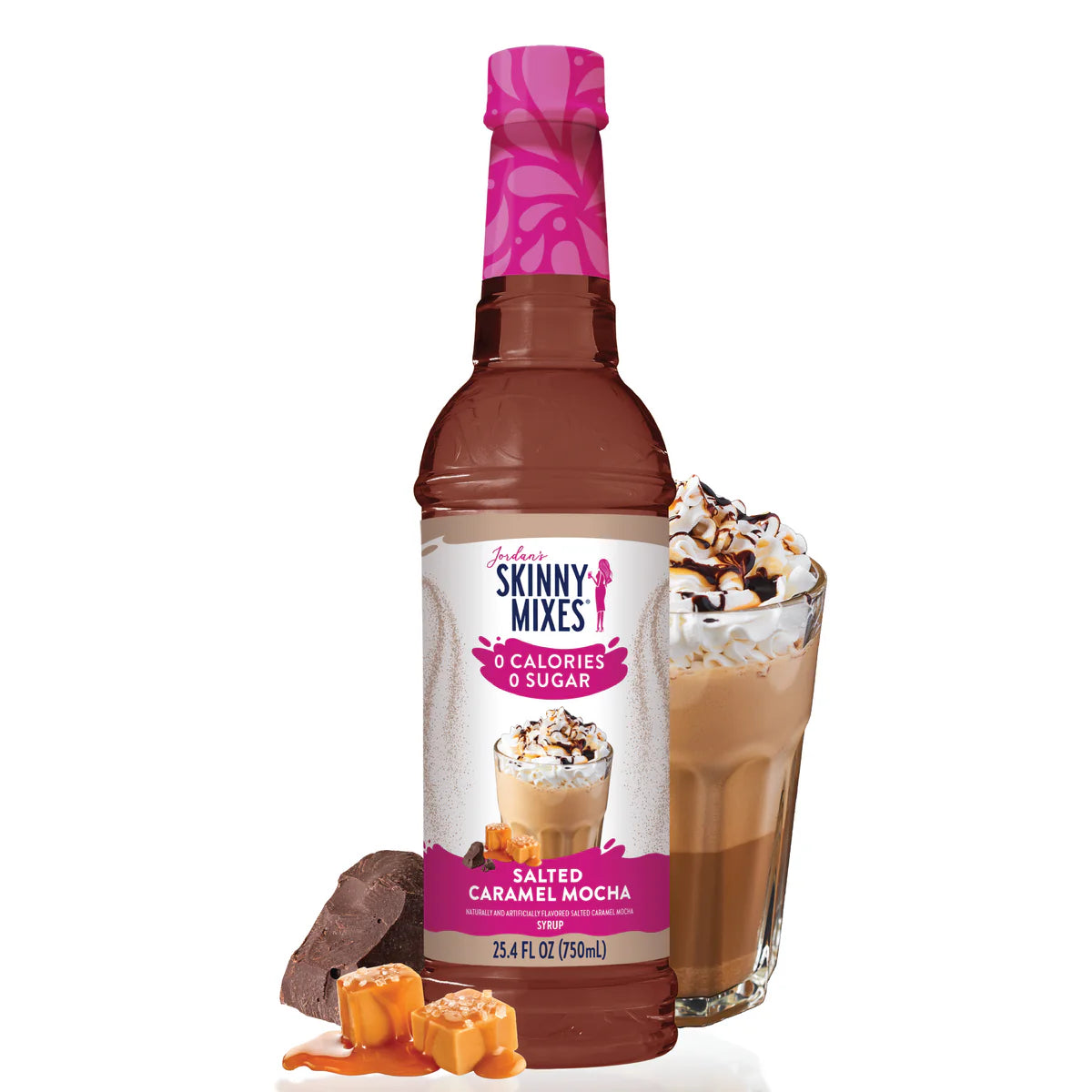 A bottle of Salted Caramel Mocha Skinny Syrup – Sweet, Salty, and Totally Sippable ☕🍫✨ is displayed next to an iced coffee with whipped cream, chocolate drizzle, caramel candy, and a piece of chocolate.