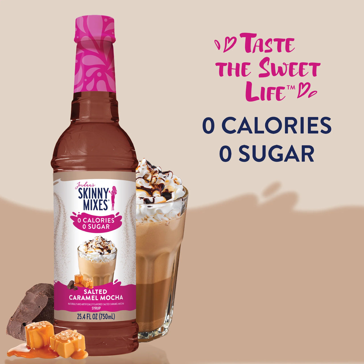 A bottle of Salted Caramel Mocha Skinny Syrup – Sweet, Salty, and Totally Sippable ☕🍫✨ sits by a caramel mocha drink topped with whipped cream and drizzle. Text: “Taste the Sweet Life. 0 Calories. 0 Sugar.” Keto-friendly with caramel pieces and chocolate shown.