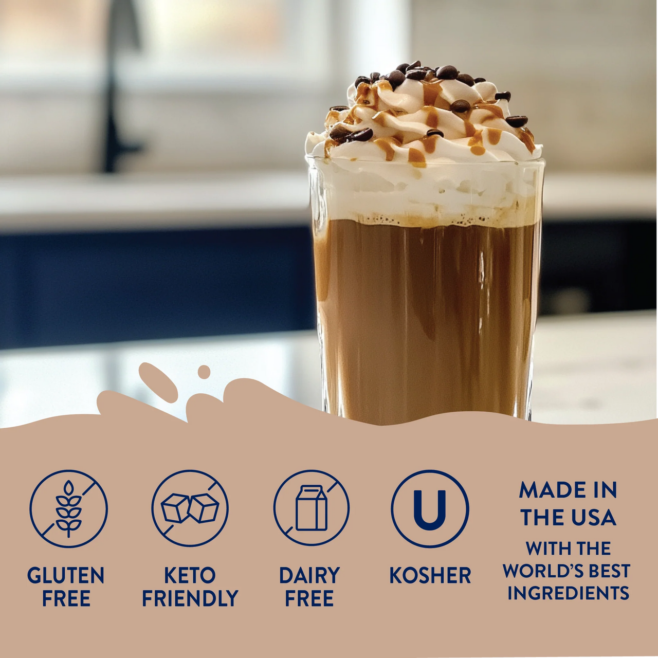 Enjoy a glass of iced coffee with Salted Caramel Mocha Skinny Syrup—sweet, salty, and totally sippable—topped with whipped cream, caramel drizzle, and chocolate chips. Gluten-free, keto-friendly, dairy-free, kosher. Made in the USA.