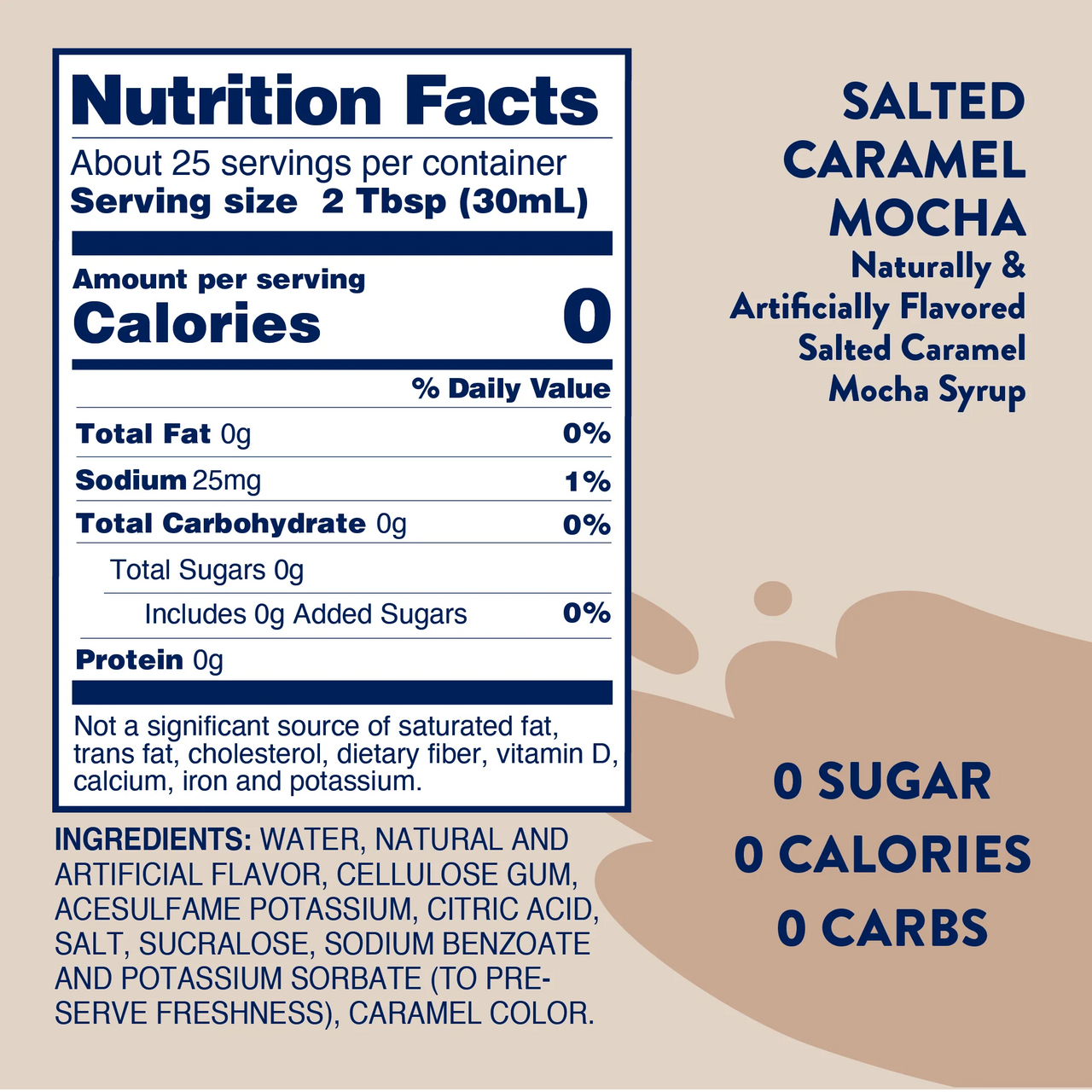 Nutrition Facts label for Salted Caramel Mocha Skinny Syrup – Sweet, Salty, and Totally Sippable ☕🍫✨ shows 0 calories, 0 sugar, and 0 carbs. In tan/blue colors. Label highlights it as skinny, keto-friendly, and calorie-free.