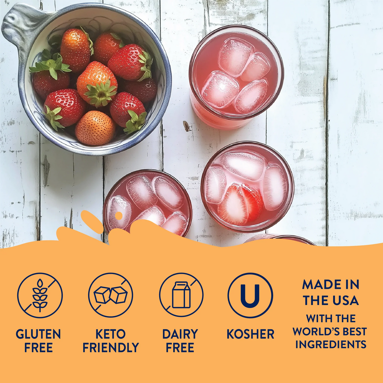 Overhead view of a bowl of strawberries and three glasses of Strawberry Pink Lemonade Concentrate – Sweet, Tart, & Totally Refreshing 🍓🍋✨ on a white table. Gluten free, keto friendly, dairy free, kosher. Made in the USA with premium ingredients.