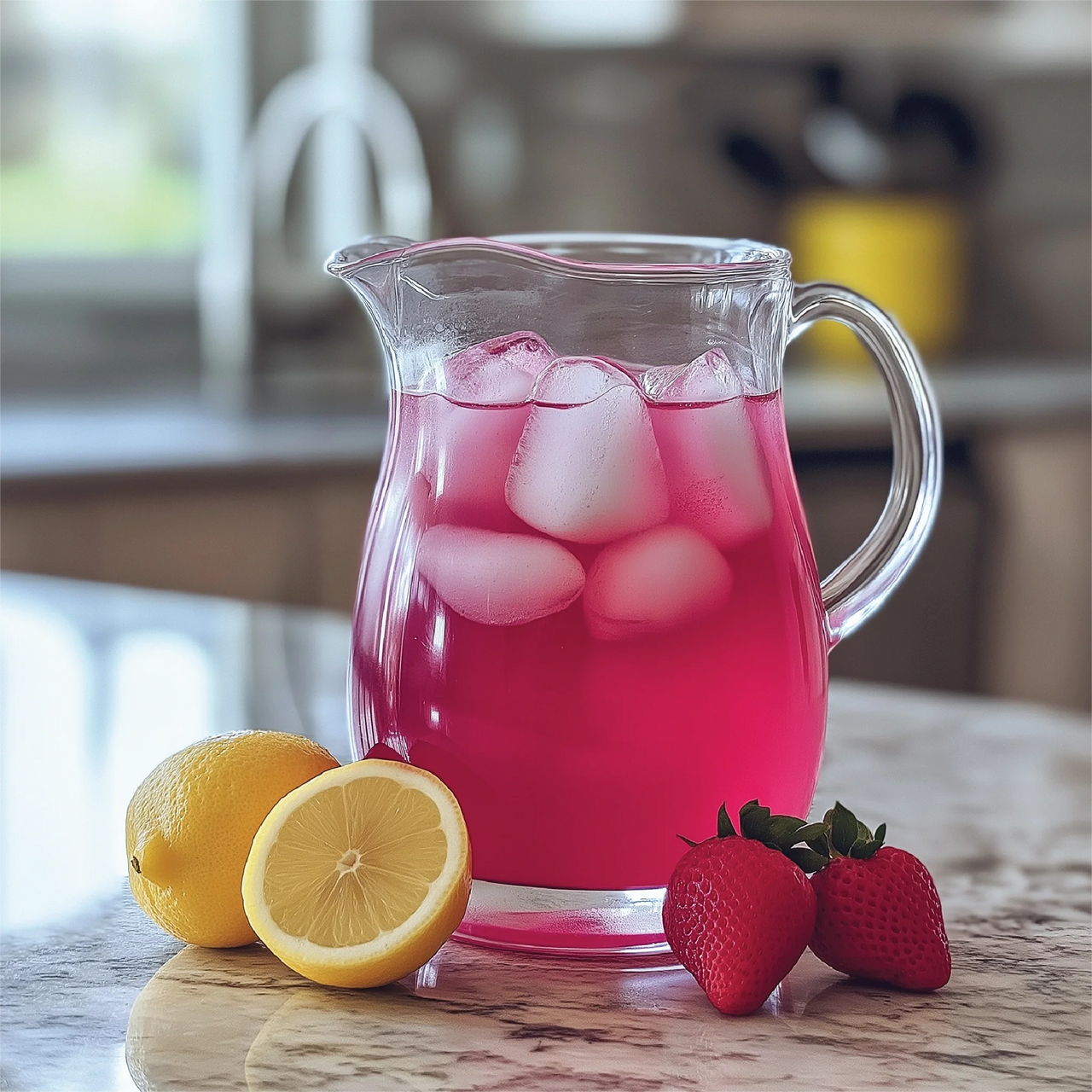 A clear glass pitcher of sugar-free strawberry lemonade, made with Strawberry Pink Lemonade Concentrate – Sweet, Tart, & Totally Refreshing 🍓🍋✨, sits on a marble countertop beside a halved lemon and two strawberries; the kitchen is softly blurred.