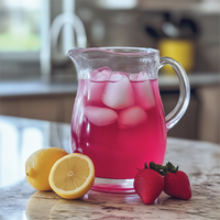 Thumbnail for A clear glass pitcher of sugar-free strawberry lemonade, made with Strawberry Pink Lemonade Concentrate – Sweet, Tart, & Totally Refreshing 🍓🍋✨, sits on a marble countertop beside a halved lemon and two strawberries; the kitchen is softly blurred.