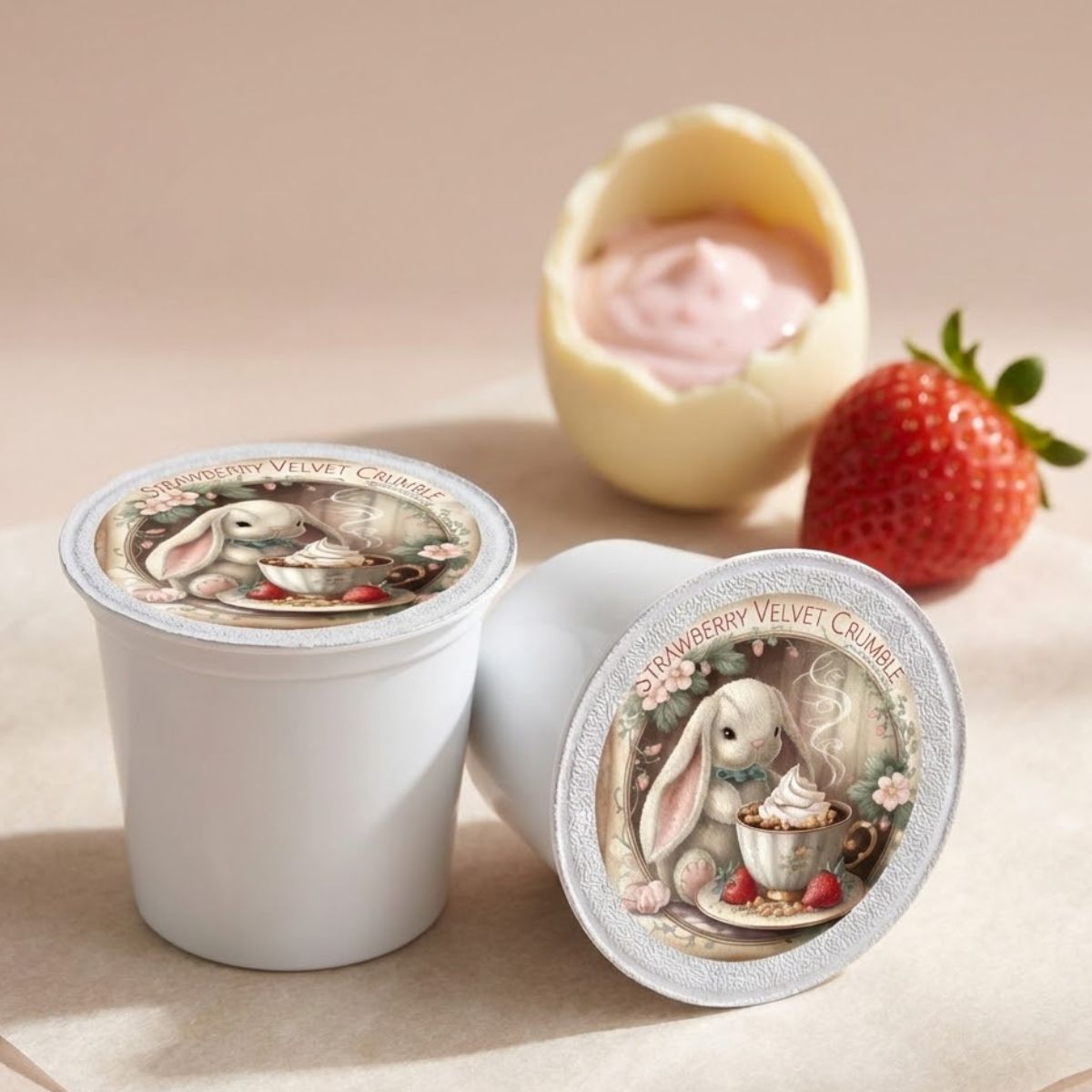 coffee pods
with  decorative lids featuring a bunny and strawberry design, next to a strawberry and a small yellow object on a beige background.