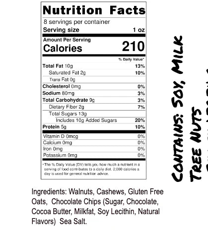 The Nutrition Facts label shows 210 calories per 1 oz serving of our Oatmeal Chocolate Chip Cookie 🍪 Nut Butter – Classic Cookie Vibes in a Creamy Spread, made with gluten-free oats, chocolate chips, and sea salt.