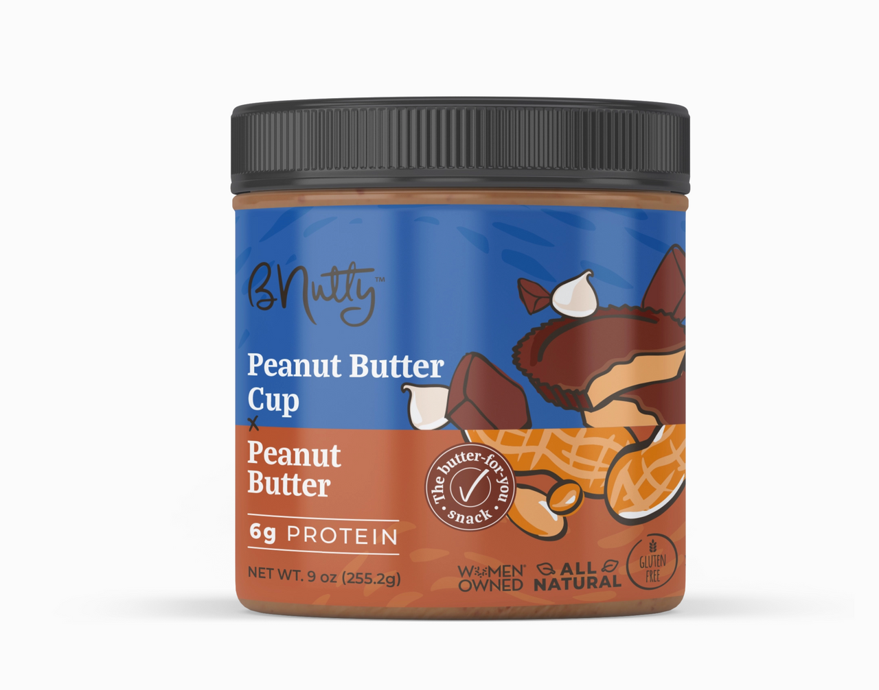 A 9 oz jar of 🍫 Bnutty Peanut Butter Cup – Chocolatey, Creamy, and Candy-Bar Good with a black lid. The label features peanut butter cups, peanuts, and cream. 6g protein, gluten-free, all natural, and women-owned business.