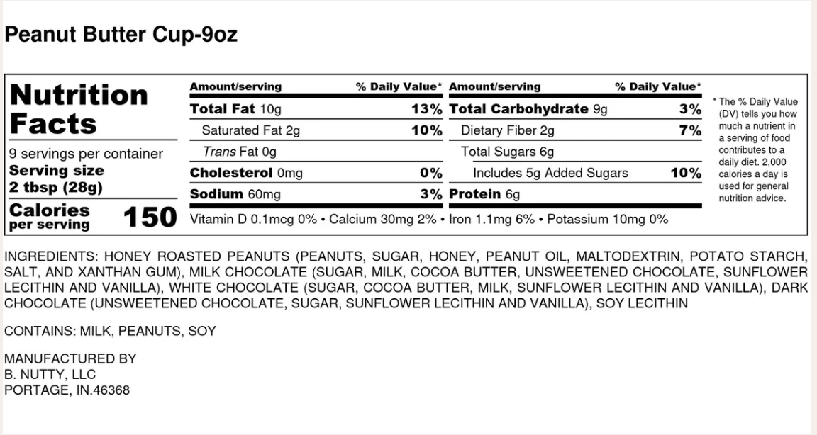 Nutrition facts label for a 9oz 🍫 Bnutty Peanut Butter Cup – Chocolatey, Creamy, and Candy-Bar Good. Shows calories, fat, cholesterol, sodium, carbs, protein, ingredients list & milk/peanut/soy allergen info in black text on white background.