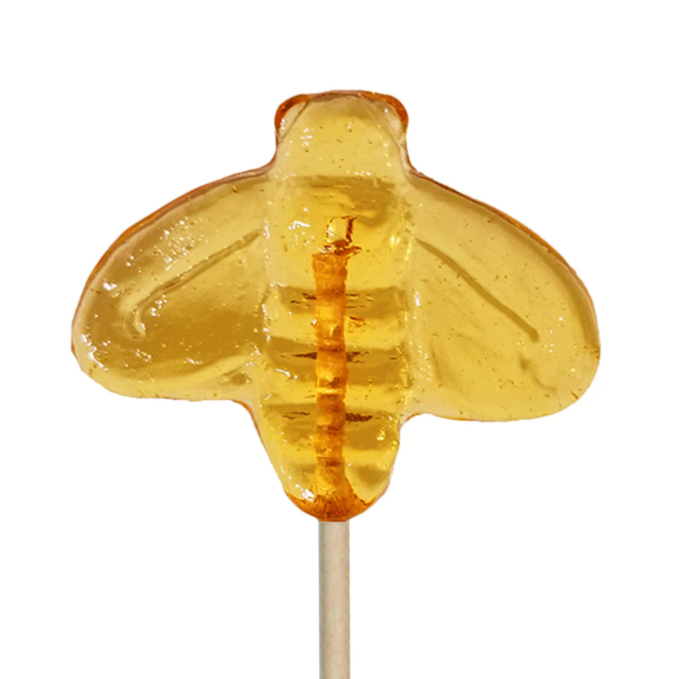 🍯 Honey Bee Honey-Infused Lollipops – Sweet, Soothing & Stir-Worthy: Yellow, translucent bee-shaped lollipop on a white stick with detailed wings and body segments. Hand-poured and made with real honey for authentic sweetness.