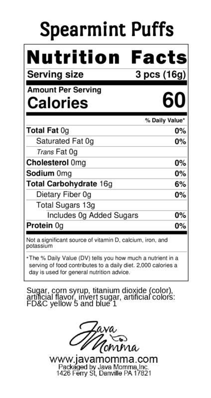Nutrition facts label for Spearmint Puffs with a white background