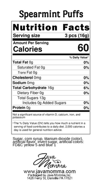 Thumbnail for Nutrition facts label for Spearmint Puffs with a white background