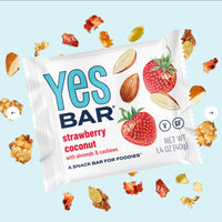 Thumbnail for A Strawberry Coconut YES Bar® – A Slice of Summer in Every Bite is shown with almonds, cashews, seeds, granola clusters, and strawberry pieces on a light blue background. The wrapper displays vibrant strawberry and nut illustrations.