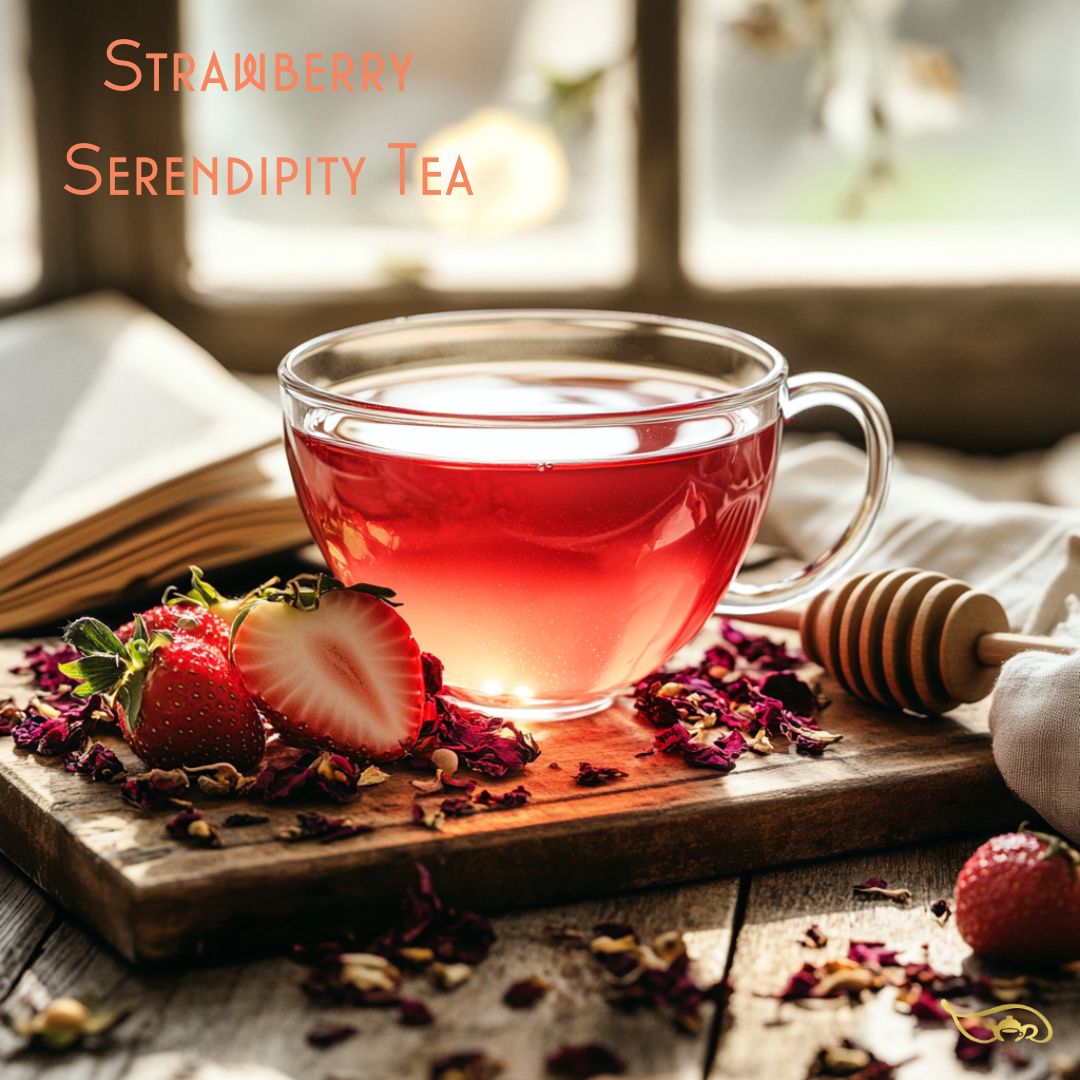 A clear glass teacup filled with vibrant pink-red Strawberry Serendipity Tea, placed on a rustic wooden tray. Fresh strawberries, dried hibiscus petals, and a honey dipper surround the cup, creating a cozy and inviting scene. Sunlight streams through a window, illuminating the tea and enhancing the warm, dreamy atmosphere. An open book and soft linen napkin add to the relaxing, indulgent vibe.