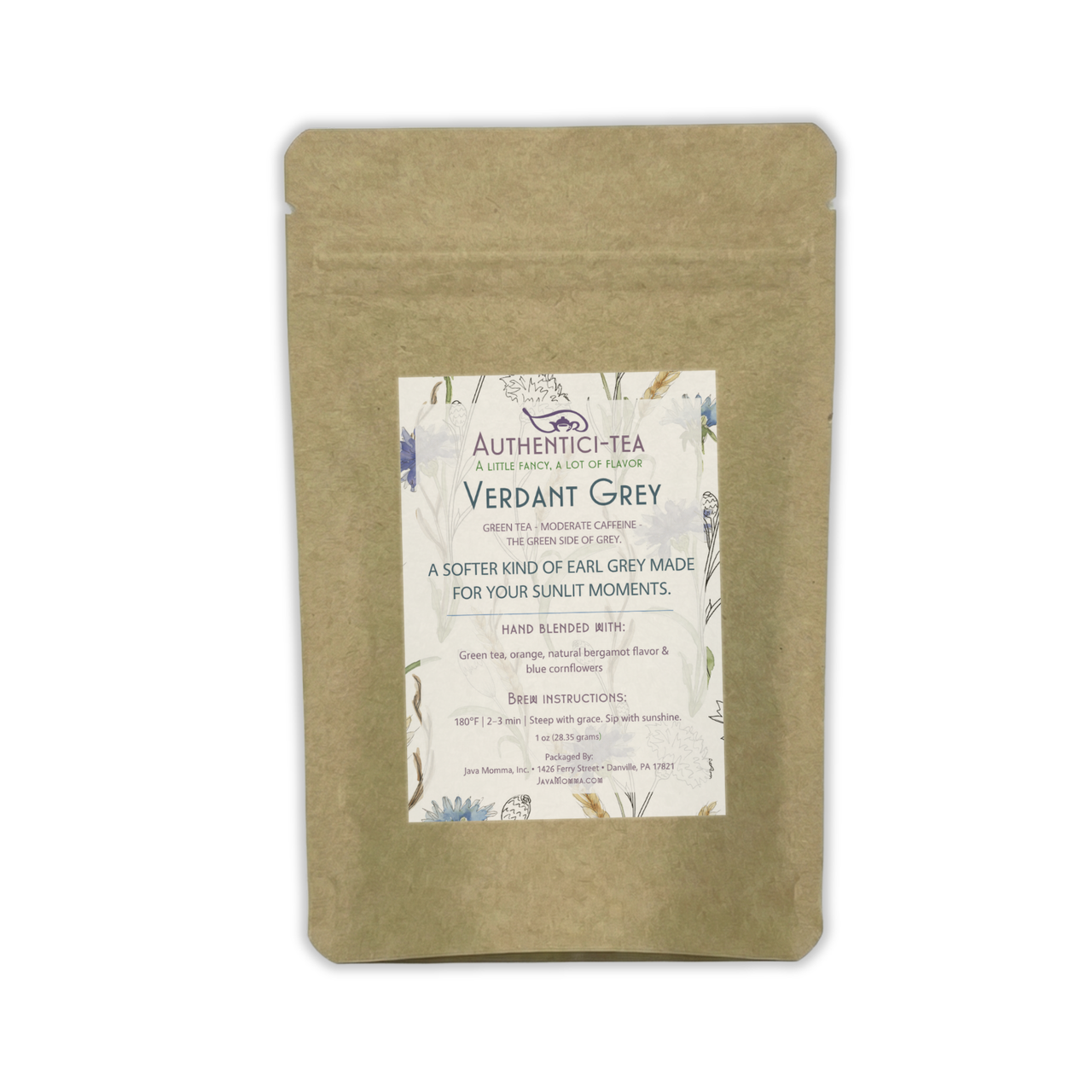 Verdant Grey Tea package with a label on a white background