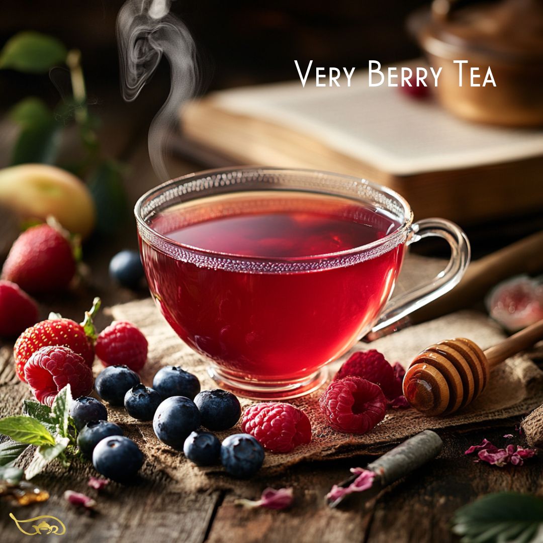 A steaming glass cup of vibrant red berry tea sits on a rustic wooden surface, surrounded by fresh blueberries, raspberries, and strawberries. A drizzle of honey and scattered tea leaves add a cozy, natural touch. In the background, an open book and a teapot create a warm, inviting atmosphere. The text "Very Berry Tea" is elegantly placed in the upper right corner. 
