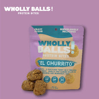 Thumbnail for A purple pouch of El Churrito – Vanilla Cinnamon Almond Wholly Balls sits behind three bites, showcasing this plant-based protein snack as gluten-free, clean, delicious, and providing 3g protein per bite.