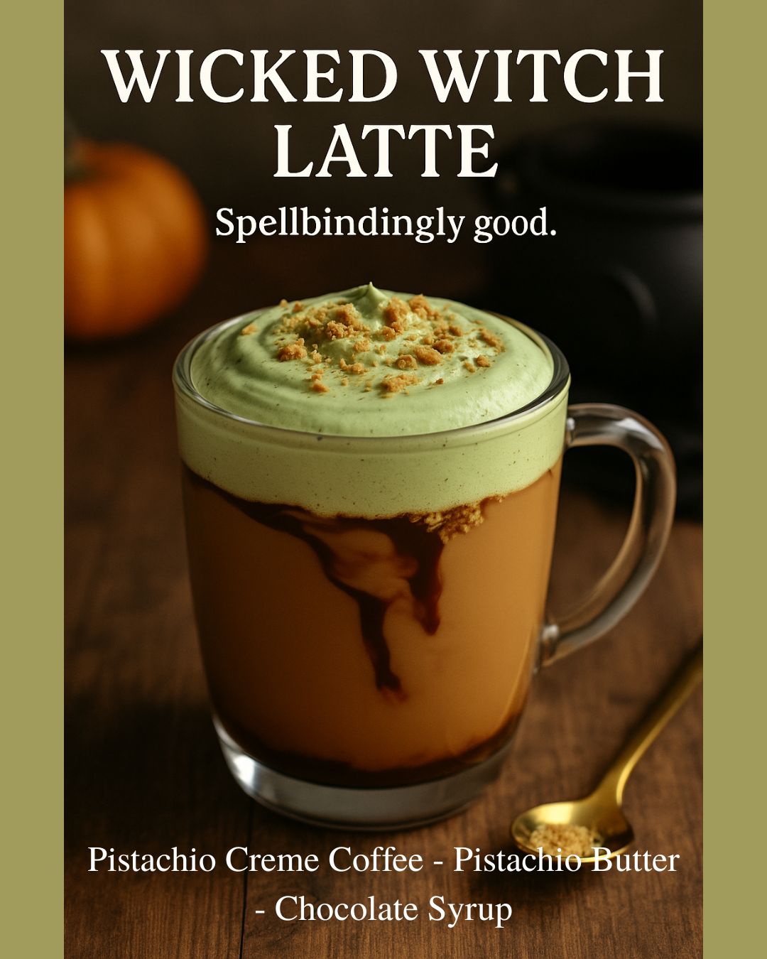A glass mug of Pistachio Crème Flavored Coffee topped with pistachio creme foam, cookie crumbles, and chocolate syrup sits on a wooden table. Text: Wicked Witch Latte—Spellbindingly good. Ingredients below.