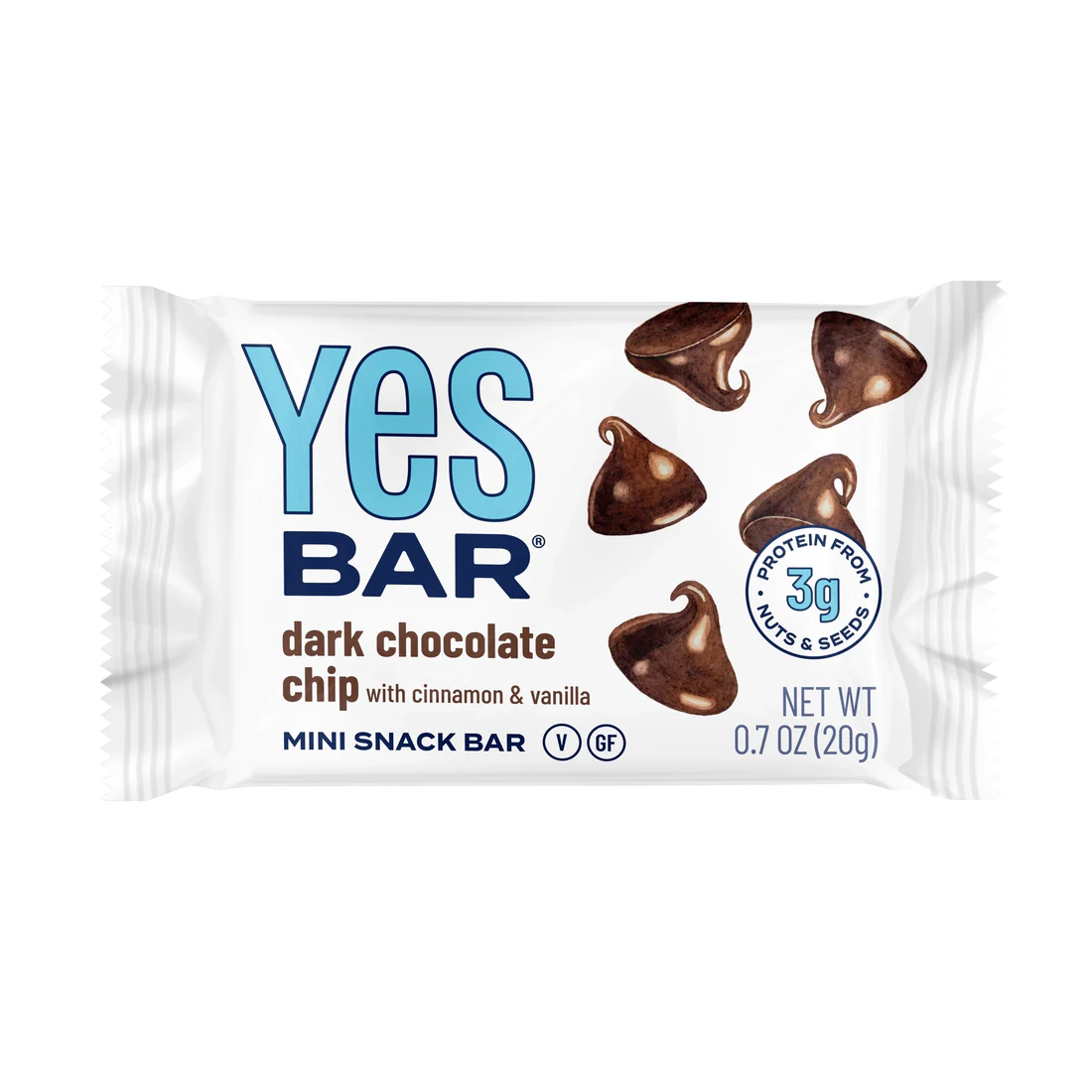 A packaged Dark Chocolate Chip MINI YES Bar® – Like a Cookie, But Better (and Guilt-Free!), a gluten-free, vegan snack with 3g plant-based protein from nuts and seeds. Cinnamon-vanilla flavor, chocolate chip wrapper. Net wt 0.7 oz (20g).
