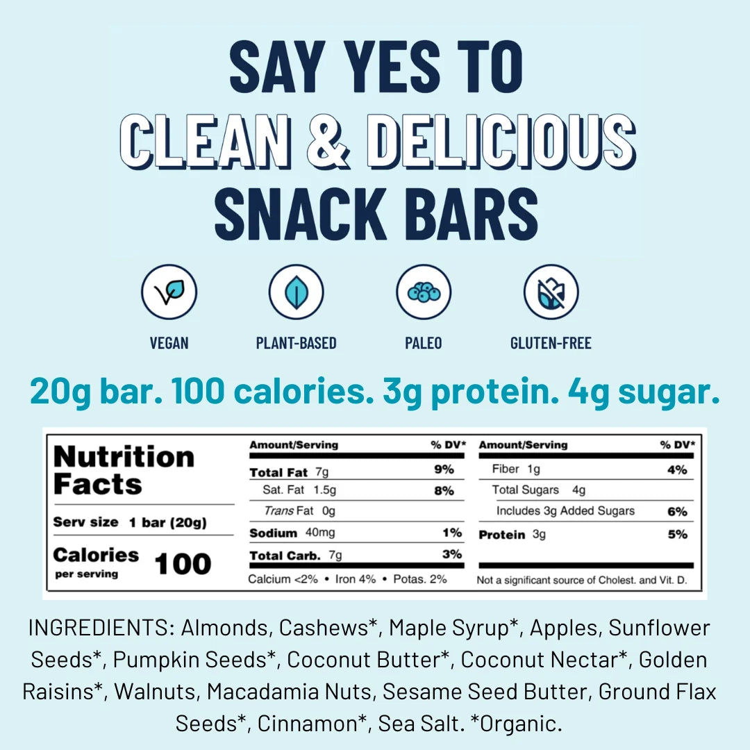 Promotional graphic for the Apple Cinnamon Crisp MINI YES Bar®—cozy, crunchy, apple pie vibes. Labeled vegan, paleo, gluten-free. Per 20g bar: 100 calories, 3g protein, 4g sugar. Blue text highlights ingredients and key features.
