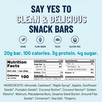 Thumbnail for Promotional graphic for the Apple Cinnamon Crisp MINI YES Bar®—cozy, crunchy, apple pie vibes. Labeled vegan, paleo, gluten-free. Per 20g bar: 100 calories, 3g protein, 4g sugar. Blue text highlights ingredients and key features.