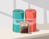 Thumbnail for Two rolls from the Paperless Towels Sidewalk Sale Set, one teal and one pink, stand upright. In front, a “sustainable & stylish” packet holds a dark granular substance—ideal for eco-friendly cleaning and sustainable living.