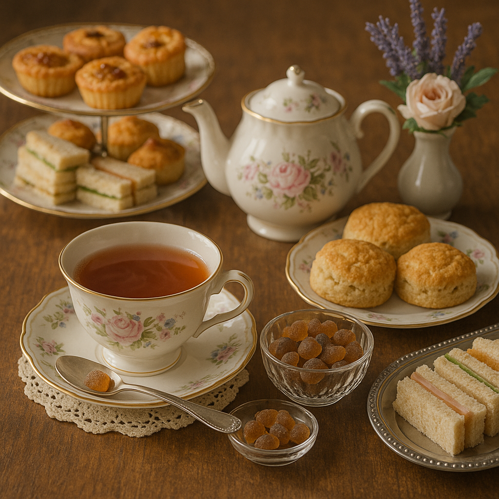 A vintage tea set with tea, teapot, scones, sandwiches, pastries, and small bowls of Amber Sugar Crystals as a sweetener sits on a wooden table decorated with a small vase of flowers.