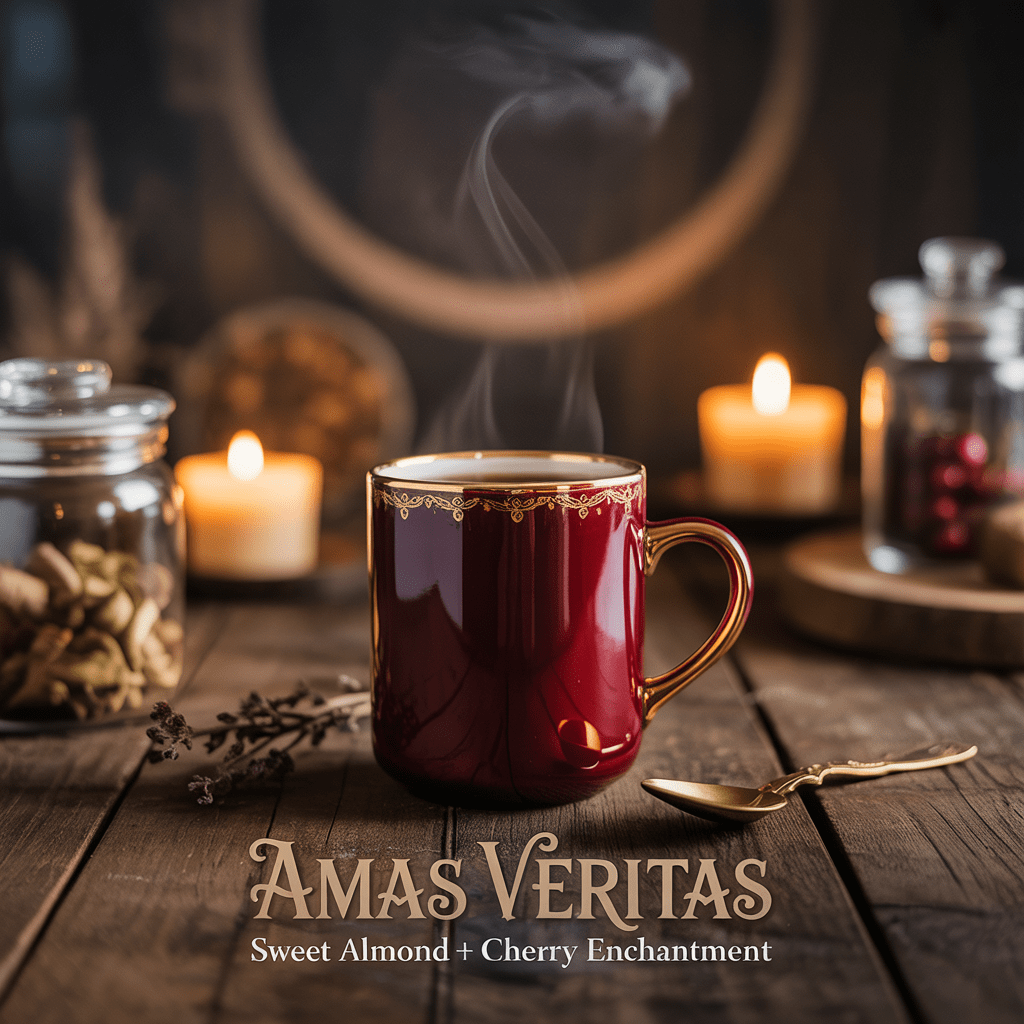 Deep garnet red coffee mug with gold accents surrounded by candles and apothecary jars, labeled Amas Veritas – sweet almond and cherry flavored Practical Magic-inspired coffee.