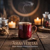 Thumbnail for Deep garnet red coffee mug with gold accents surrounded by candles and apothecary jars, labeled Amas Veritas – sweet almond and cherry flavored Practical Magic-inspired coffee.