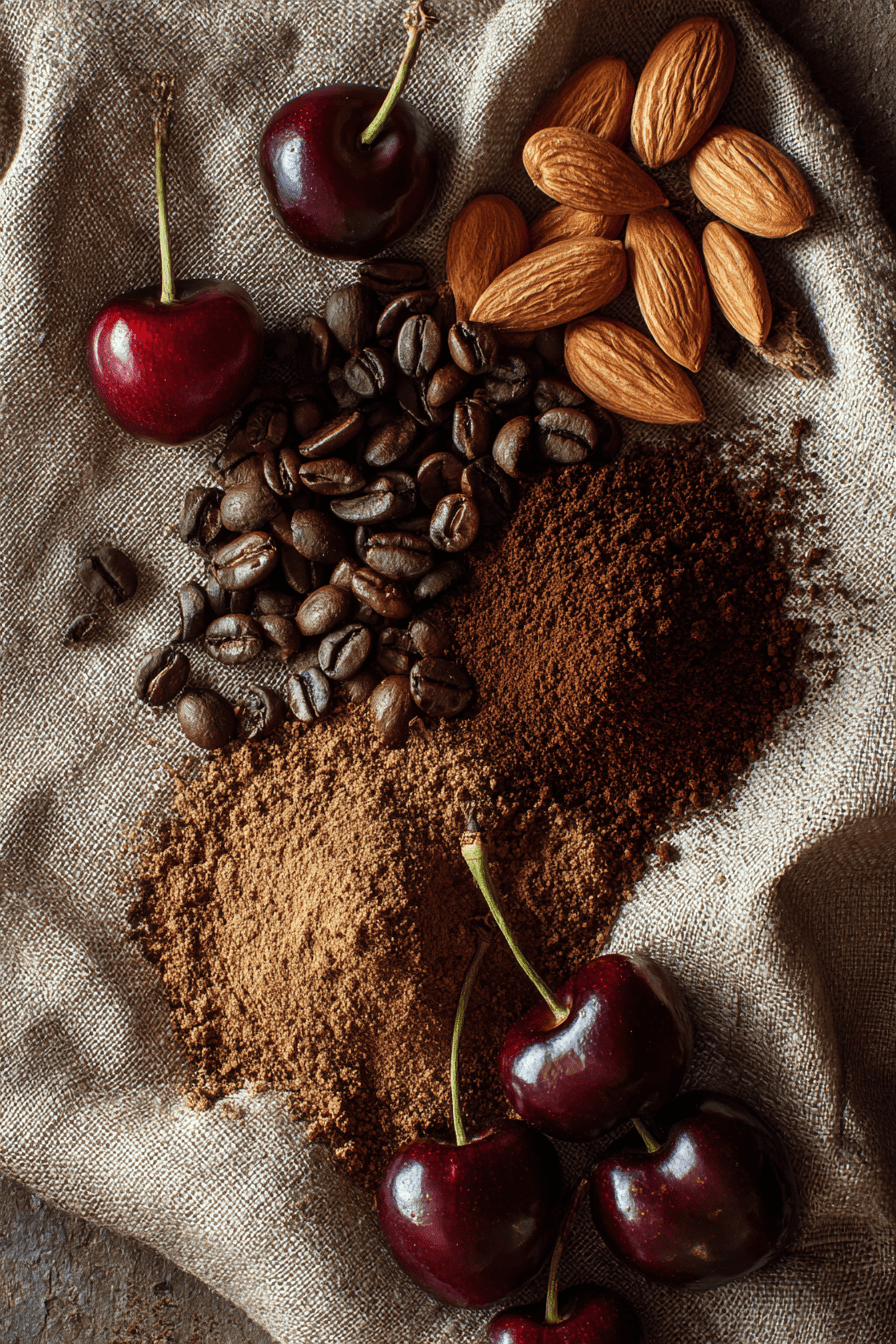 Coffee beans, ground coffee, almonds, and cherries on a textured surface
