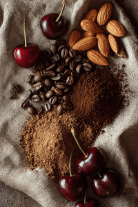 Thumbnail for Coffee beans, ground coffee, almonds, and cherries on a textured surface