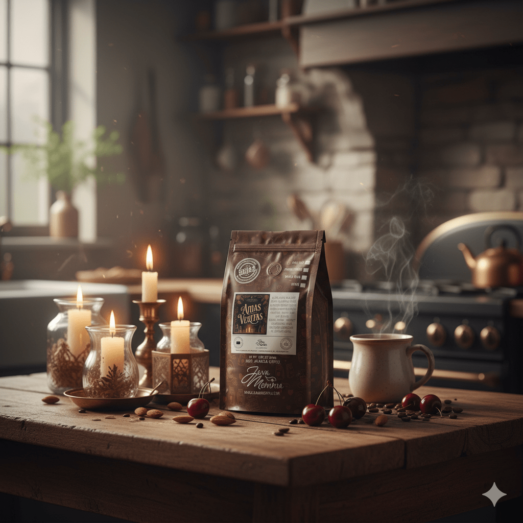 Amas Veritas Coffee bag, mug, candles, and coffee beans on a wooden table with a kitchen background.