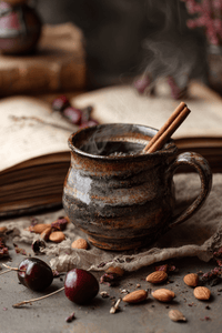 Thumbnail for Stoneware mug with a cinnamon stick on a rustic surface with cherries and nuts.