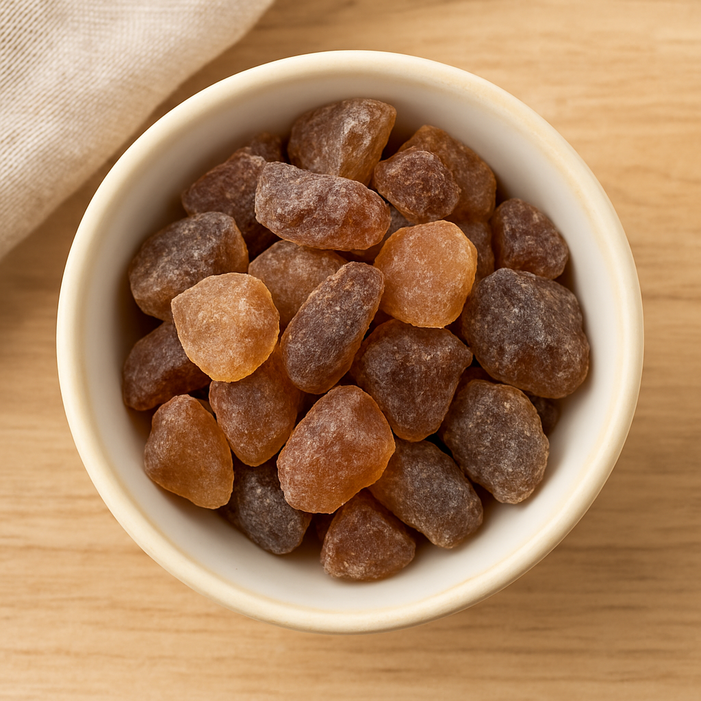 Amber Sugar Crystals: Irregularly shaped amber pieces in a small white bowl on a light wooden surface beside a beige cloth—ideal as a natural tea sweetener.