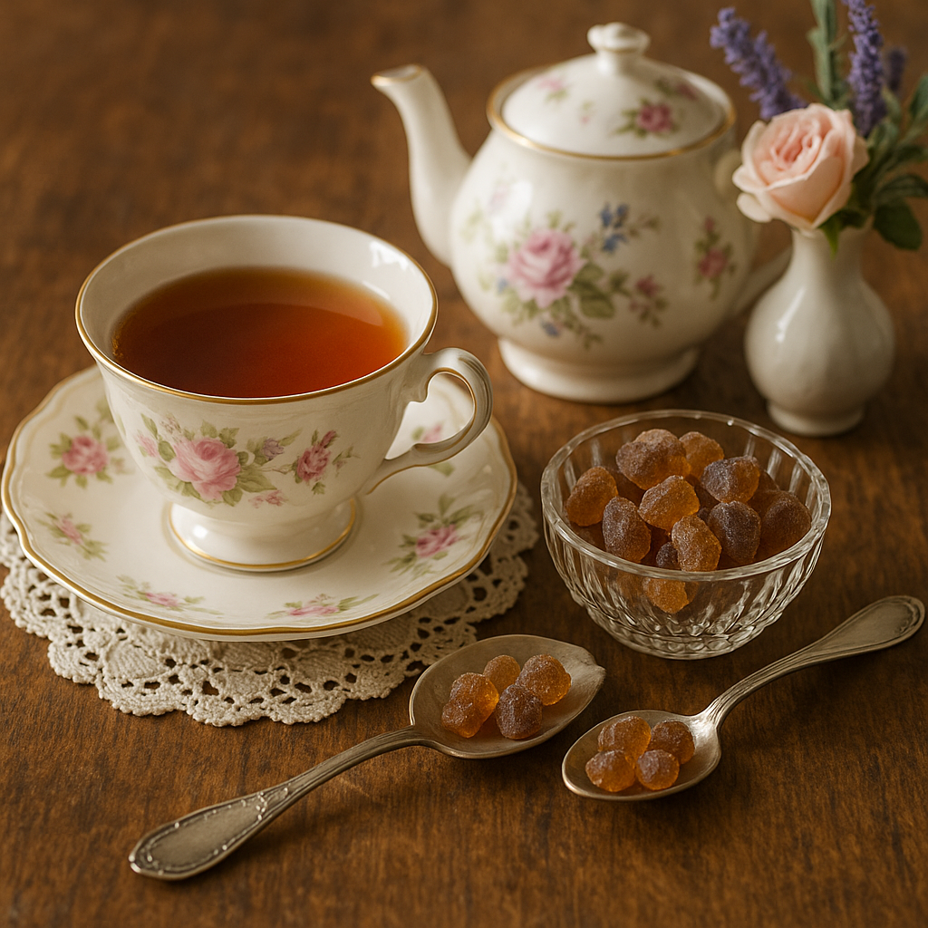 A floral teacup and saucer with tea sit on a lace doily beside a matching teapot, a vase with pink rose and lavender, and bowls holding Amber Sugar Crystals as tea sweetener on a wooden table.
