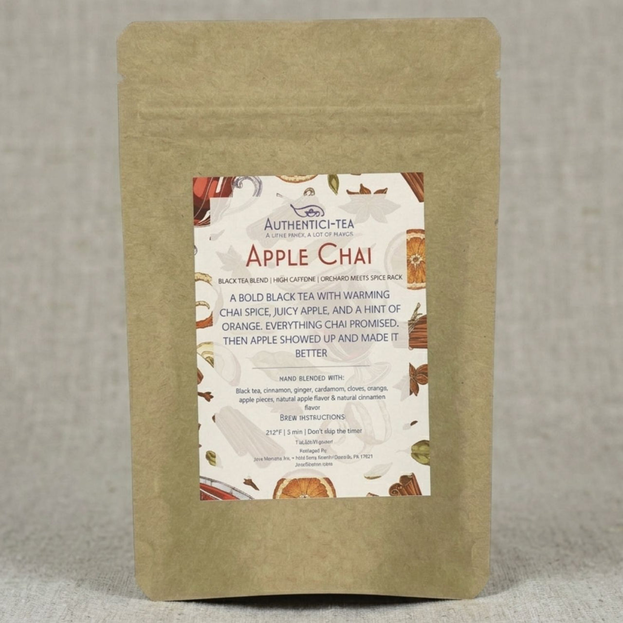 Apple Chai | Year-round obsession in a loose leaf packaging surrounded by chai spices and apple pieces.