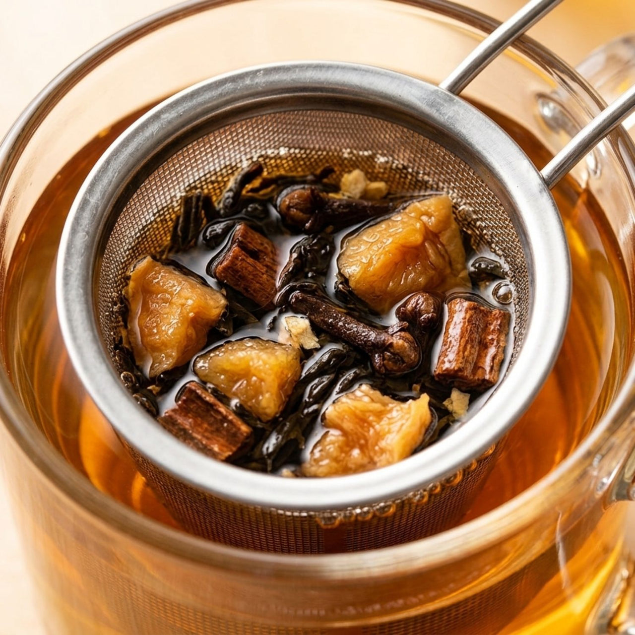 Apple Chai | Year-round obsession brewing in a tea infuser with spices and apple pieces.