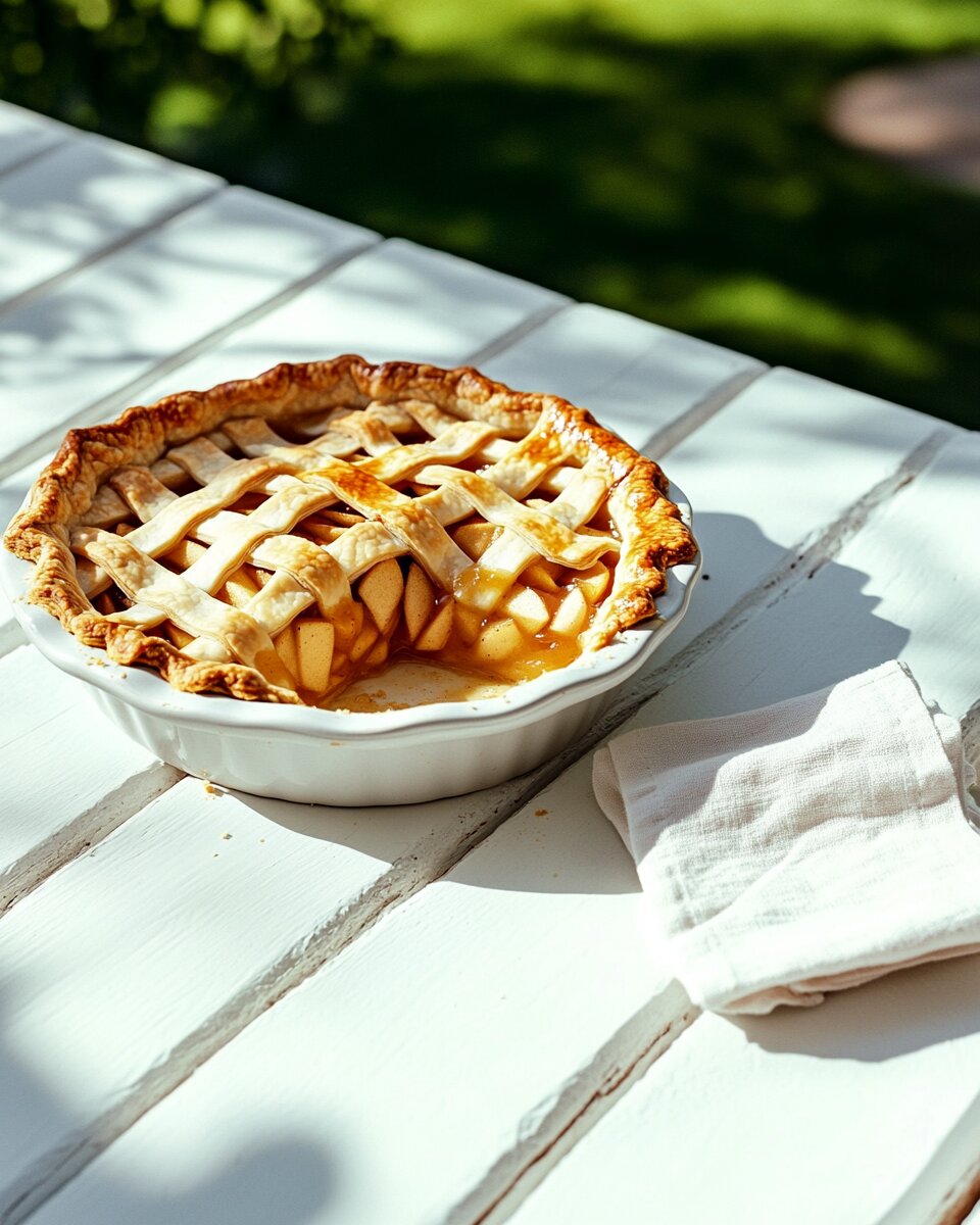 Apple pie with a slice missing on a white wooden surface outdoors