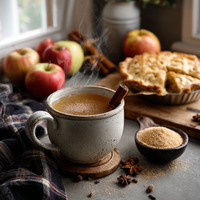 Thumbnail for A steaming mug of cider with a cinnamon stick sits next to a bowl of Apple Pie Finishing Sugar 🍎 – Cozy Spice Meets Sweet Nostalgia, surrounded by star anise, whole spices, fresh apples, and a partially sliced apple pie in a cozy kitchen.