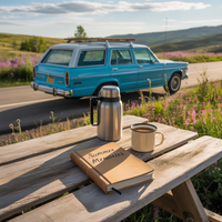 Thumbnail for A vintage blue station wagon is parked by a scenic road with wildflowers. On the picnic table are a thermos, a mug of Are We There Yet? – Chocolate & Irish Crème Flavored Coffee, and a journal titled Summer Memories.