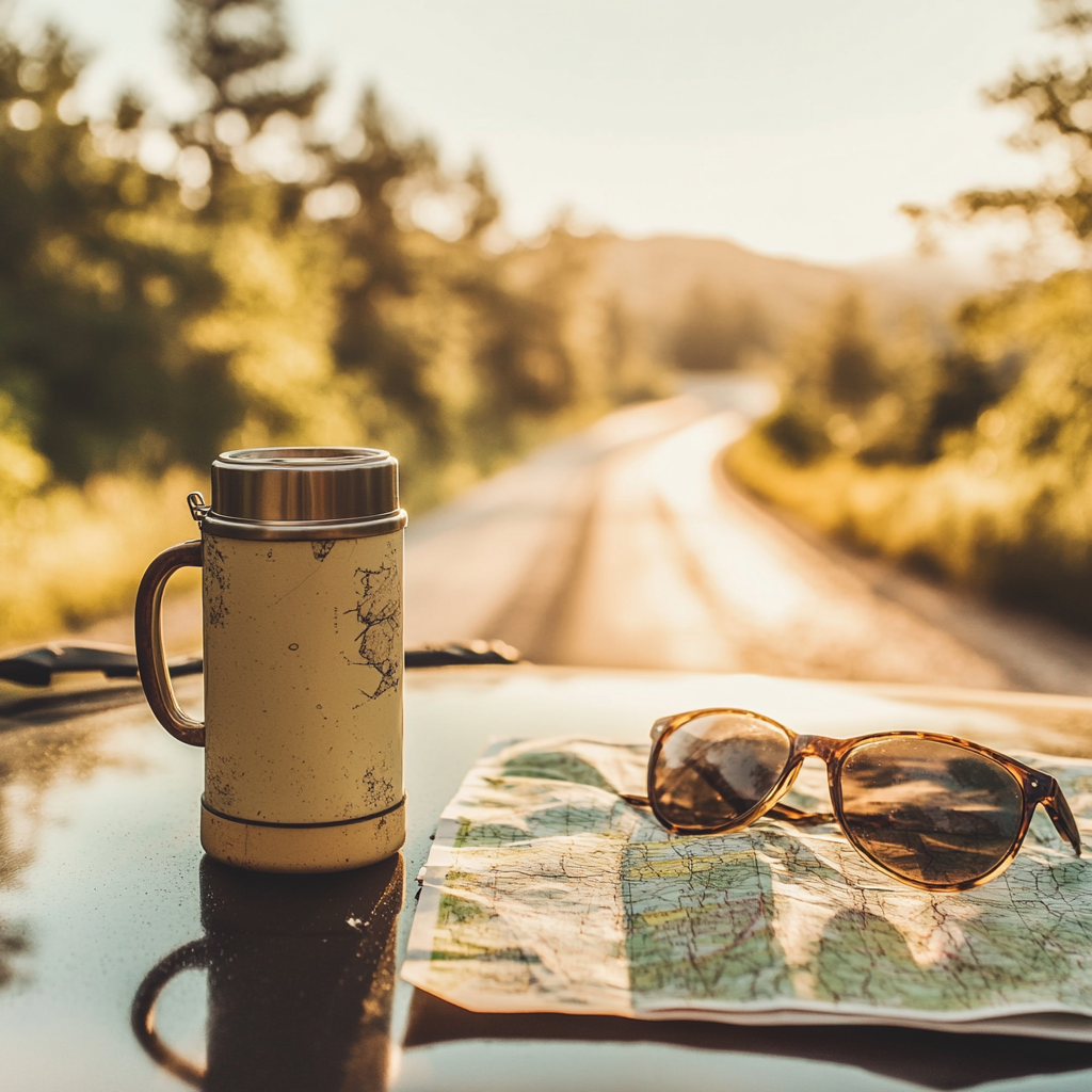 A travel mug of ☕ Are We There Yet? – Chocolate & Irish Crème Flavored Coffee sits with sunglasses and a folded map on a car hood, sunlight and a winding rural road ahead inspiring thoughts of adventure.