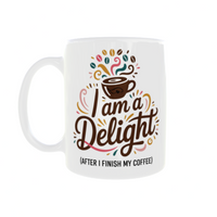 Thumbnail for White mug with colorful text and coffee cup design on a white background mug says 