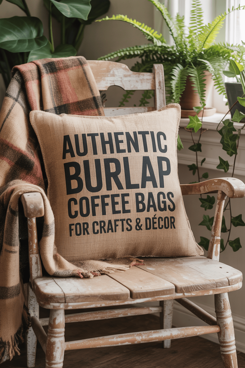 A rustic wooden chair with a plaid blanket and a Burlap Coffee Bag – Authentic Upcycled Sacks pillow, perfect for farmhouse décor, sits beside green houseplants in a sunlit room.