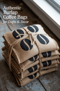 Thumbnail for A stack of Burlap Coffee Bag – Authentic Upcycled Sacks with black bean symbols, tied with twine, sits on a rustic wooden surface near a window—ideal for farmhouse décor or rustic wedding decorations.