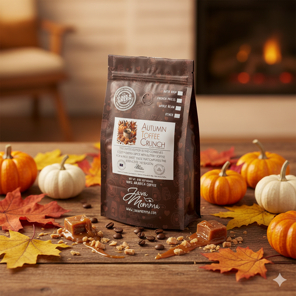 Coffee bag labeled 'Autumn Toffee Crunch' on a wooden table with pumpkins and leaves, fireplace in the background.