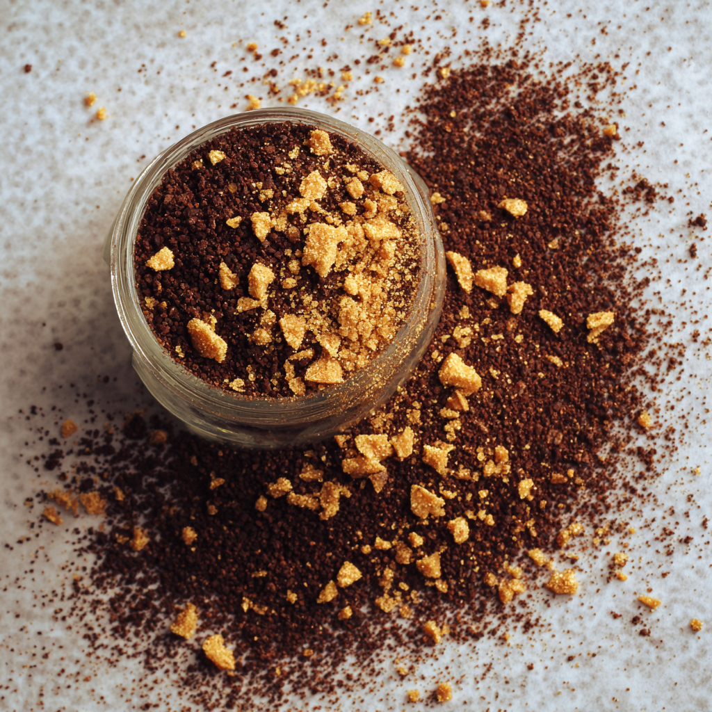 glass jar of ground autumn toffee crunch coffee in a jar with toffee pieces mixed in
