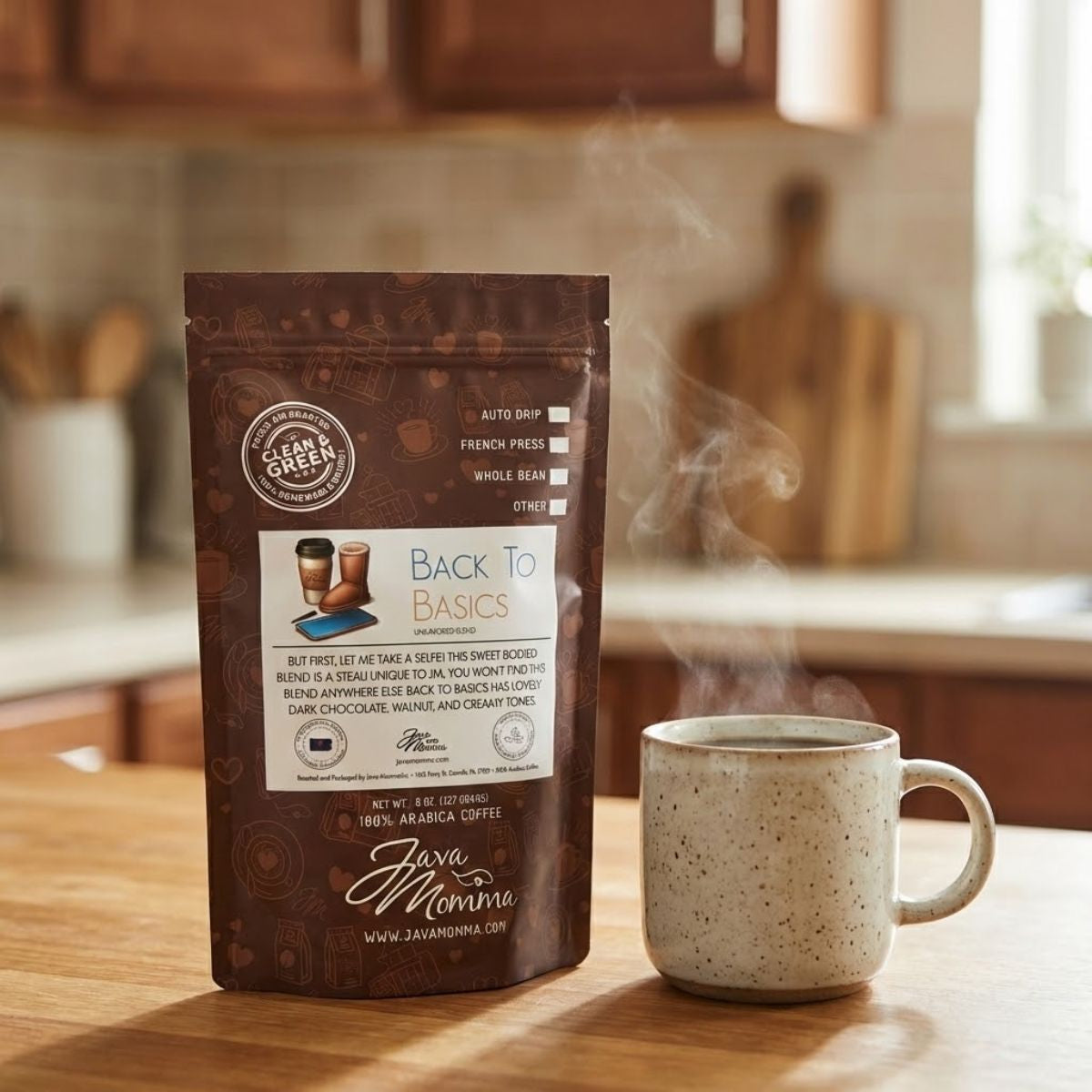 Coffee package labeled 'Back to Basics' next to a steaming mug on a kitchen counter.