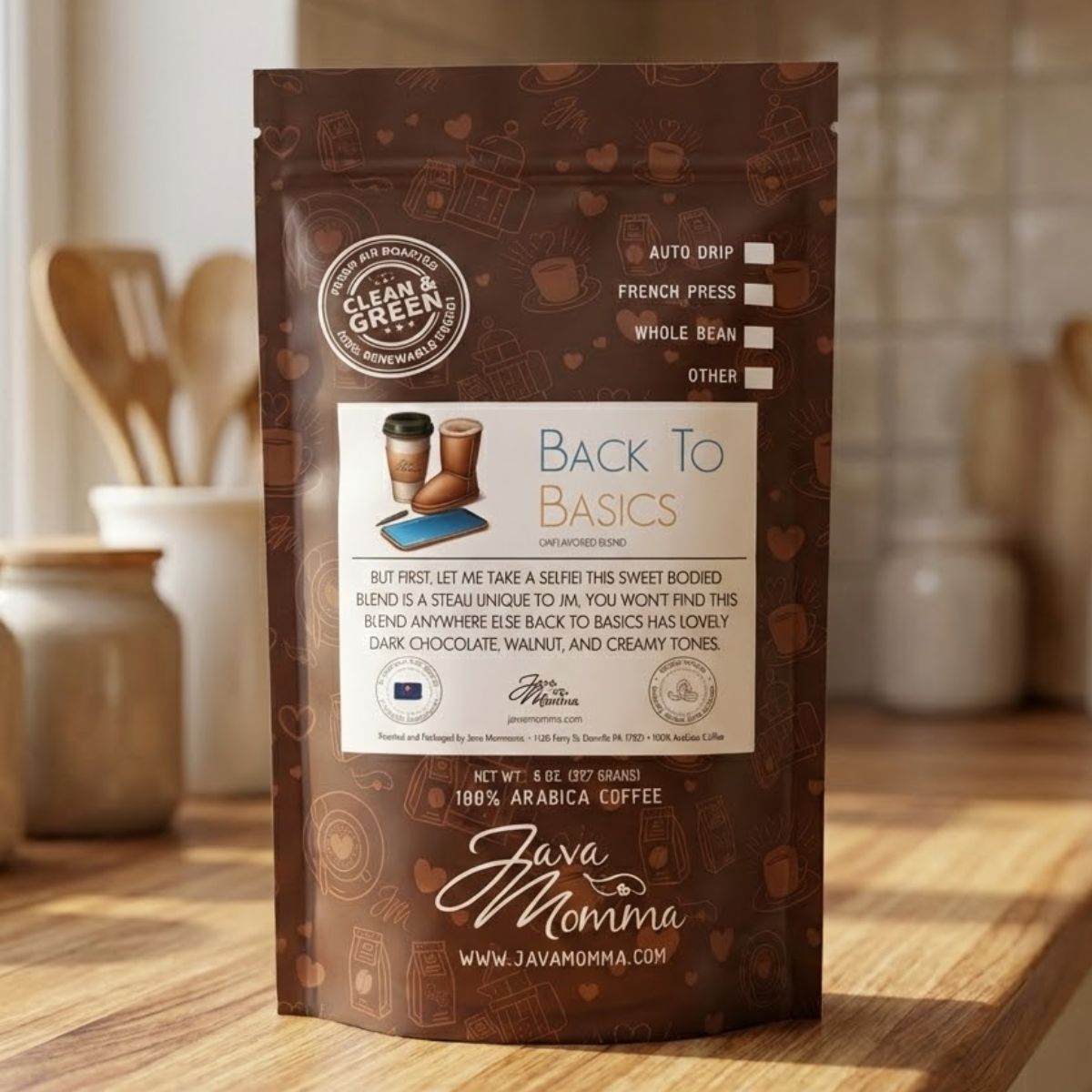 Back to Basics coffee package on a wooden surface with kitchen utensils in the background