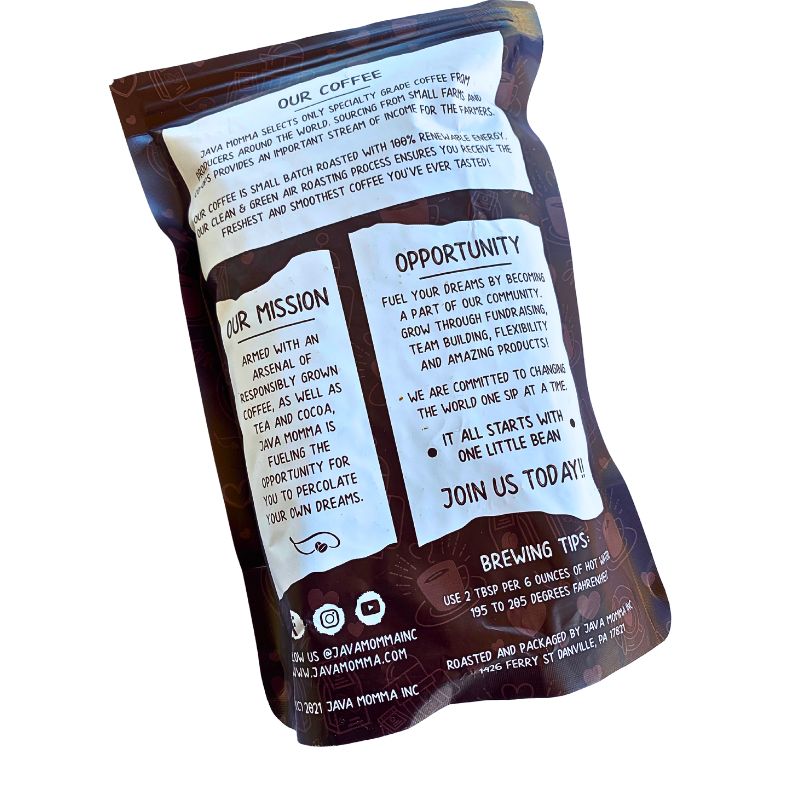 Back of a Java Momma coffee bag with text detailing the company's mission, coffee sourcing practices, and brewing tips. The text includes sections on their mission, opportunities, and brewing instructions.