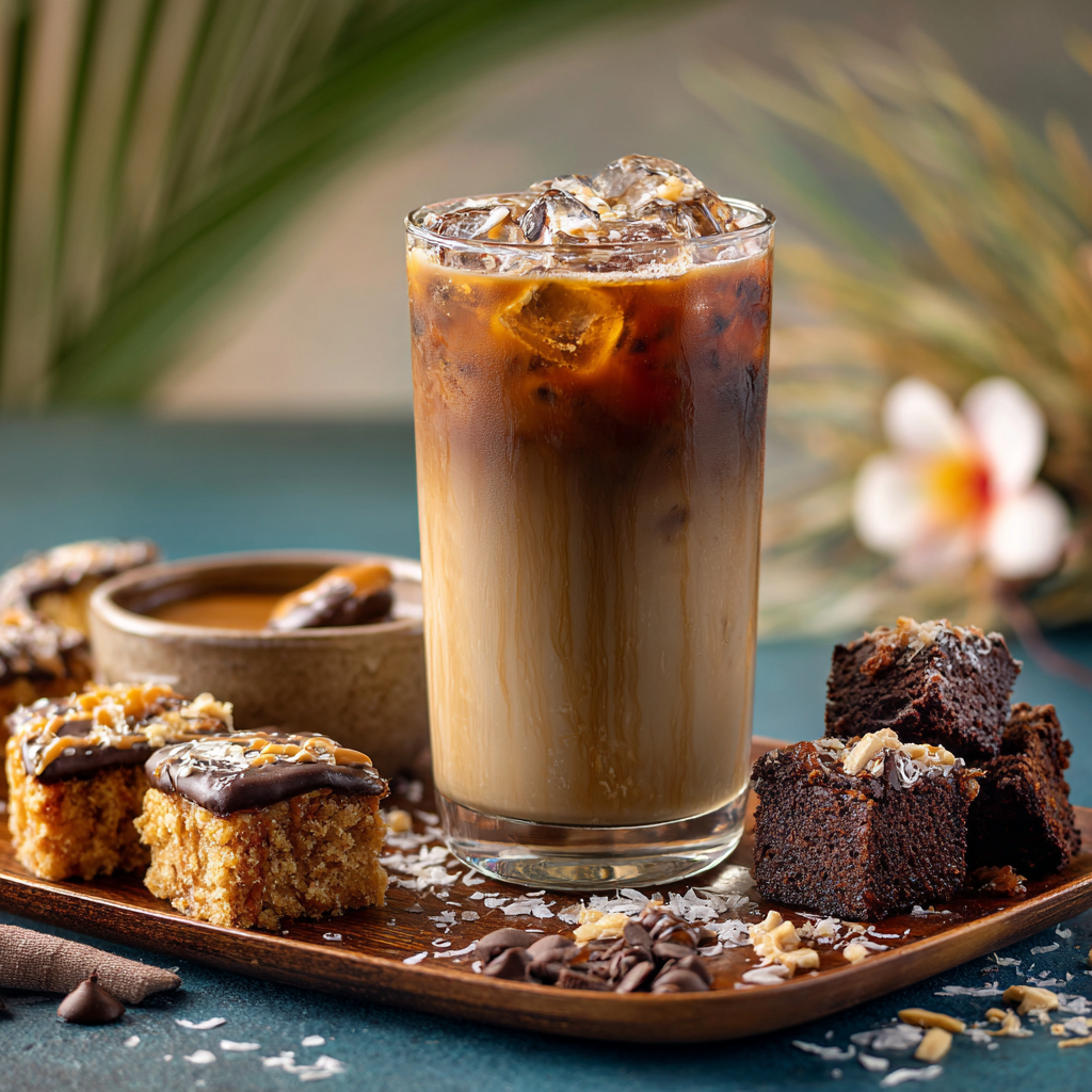 A glass of Bake Sale Bliss – Flavored Coffee with Chocolate & Caramel sits on a tray with chocolate fudge brownies, coconut-topped cake, and caramel sauce. A blurred tropical plant and flower are visible in the background.